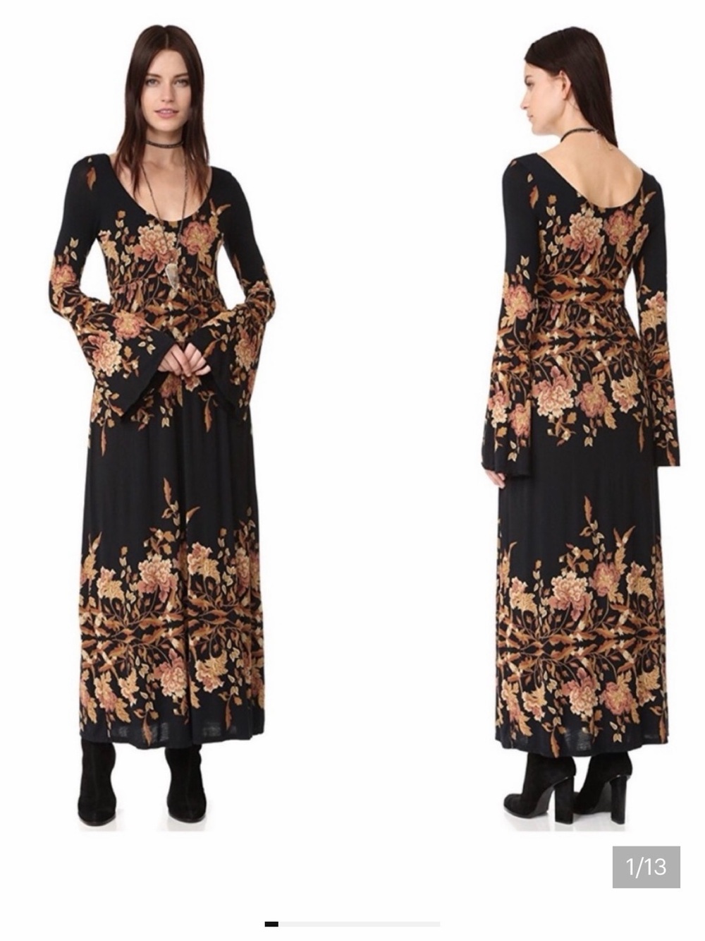 Free People Black Maxi Dress with Rose Gold Floral Print
